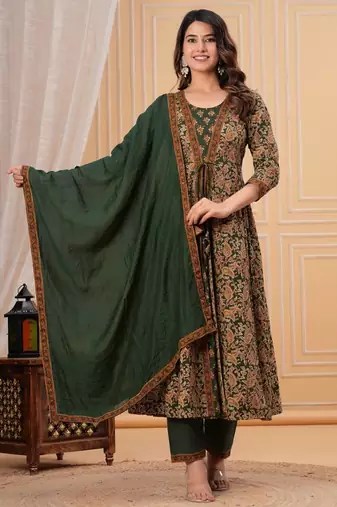 green printed cotton kurta pant with dupatta