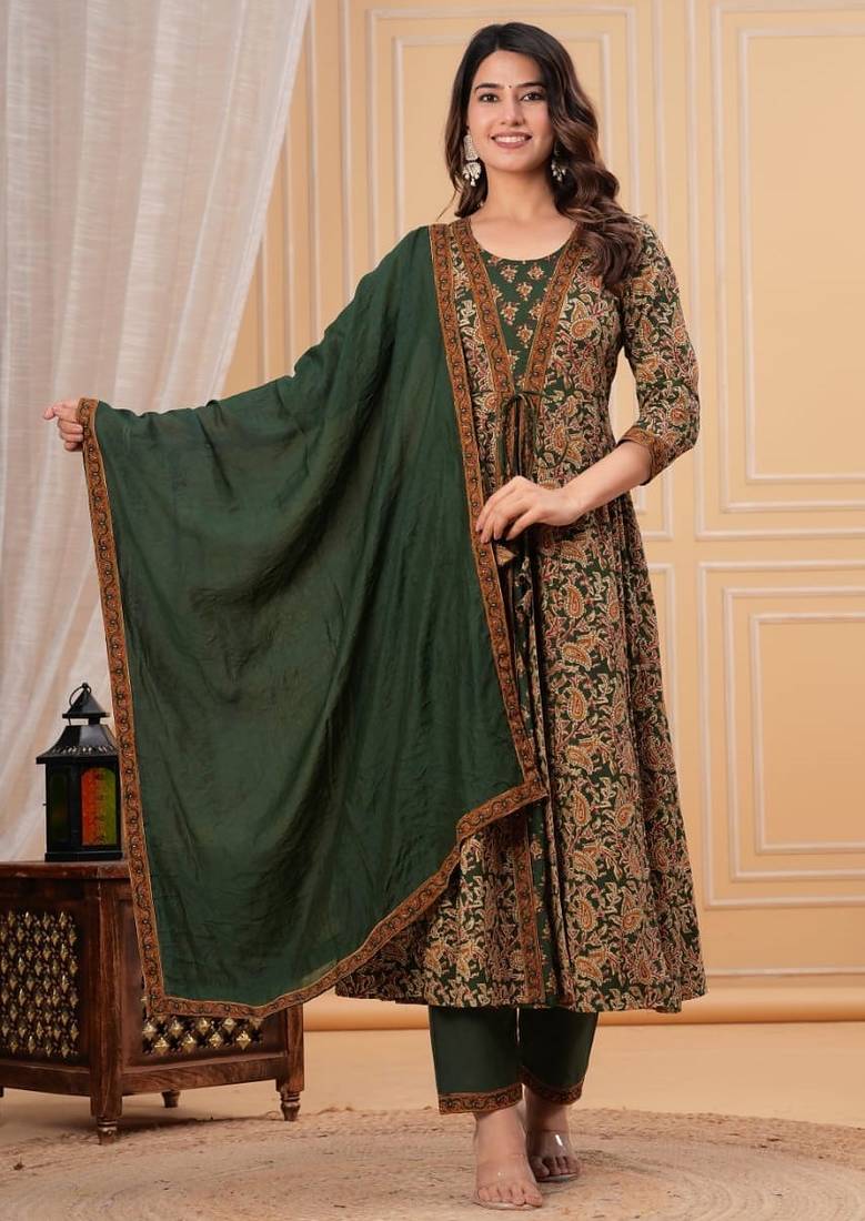 green printed cotton kurta pant with dupatta