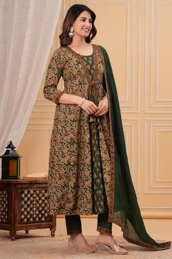 green printed cotton kurta pant with dupatta