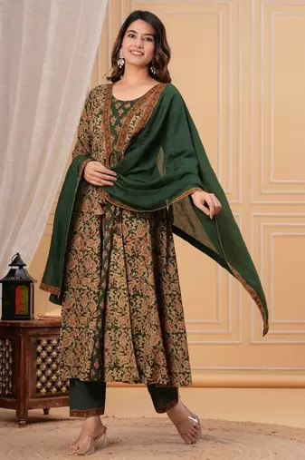 green printed cotton kurta pant with dupatta