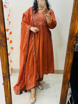 orange embroidered cotton kurta pant with dupatta 1