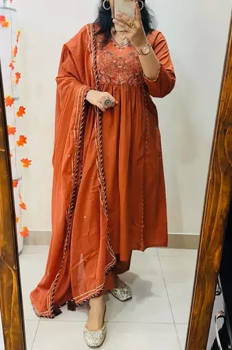 orange embroidered cotton kurta pant with dupatta
