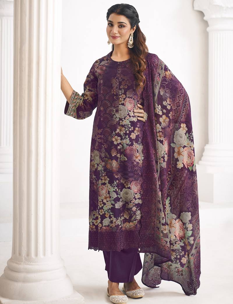 purple lawn cotton digital printed dress material