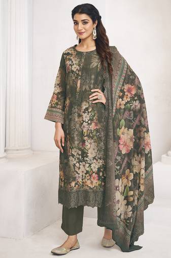 olive lawn cotton digital printed dress material