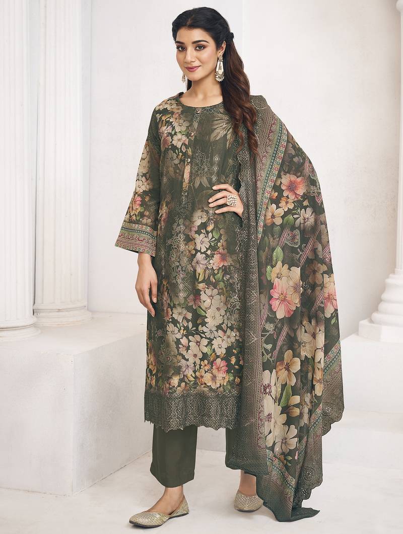 olive lawn cotton digital printed dress material