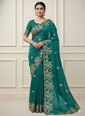 green silk saree with sequins embroidery blouse 1
