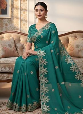 green silk saree with sequins embroidery blouse 2