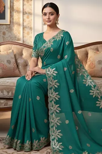 green silk saree with sequins embroidery blouse