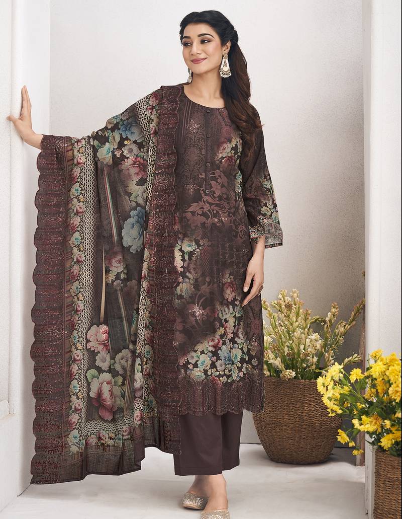 brown lawn cotton digital printed dress material