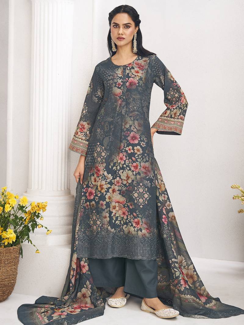 navy blue lawn cotton digital printed dress material