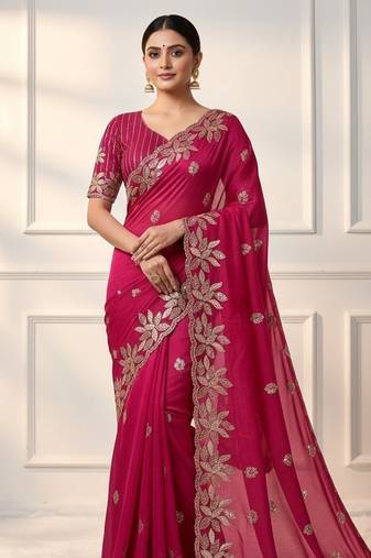 Soft jimichu silk sequins embroidery cut work lace Saree With Blouse Set