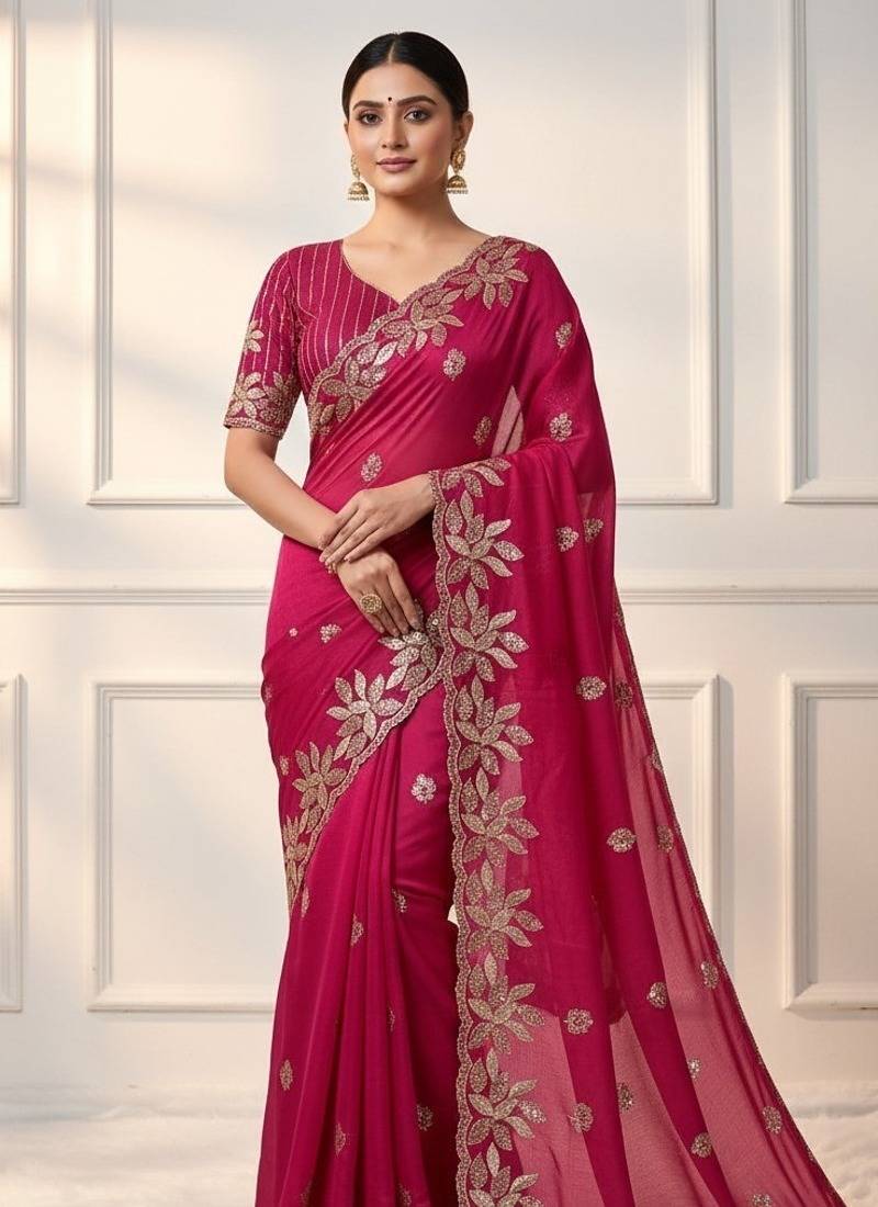 Soft jimichu silk sequins embroidery cut work lace Saree With Blouse Set