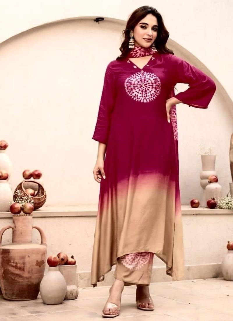 maroon embroidered cotton kurta pant with dupatta