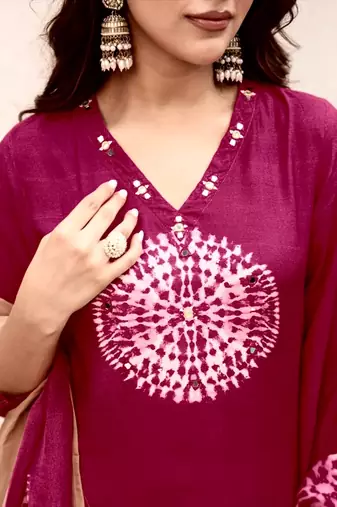 maroon embroidered cotton kurta pant with dupatta