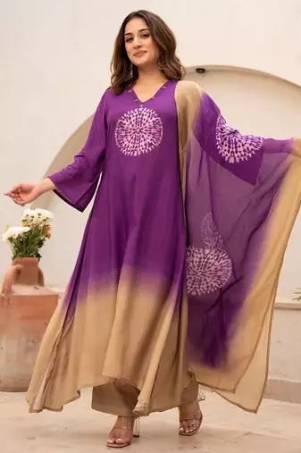 purple embroidered cotton kurta pant with dupatta