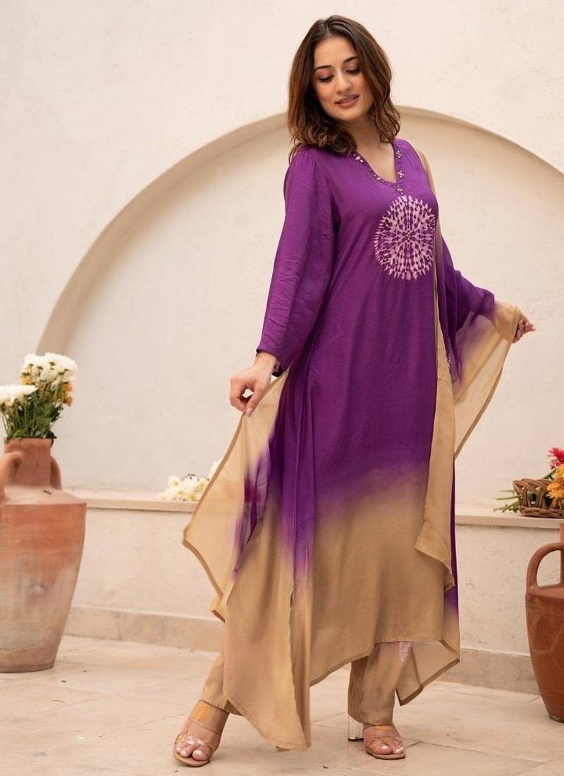 purple embroidered cotton kurta pant with dupatta