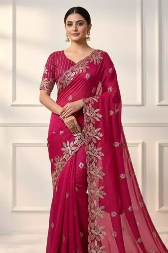 Soft jimichu silk sequins embroidery cut work lace Saree With Blouse Set