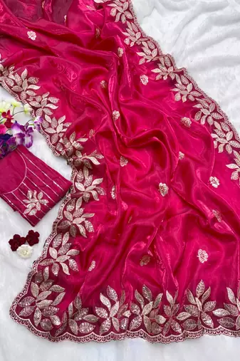 Soft jimichu silk sequins embroidery cut work lace Saree With Blouse Set