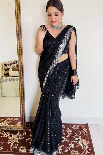 New Georgette Sequence Work Black Saree With Blouse Set