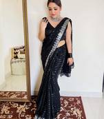 New Georgette Sequence Work Black Saree With Blouse Set