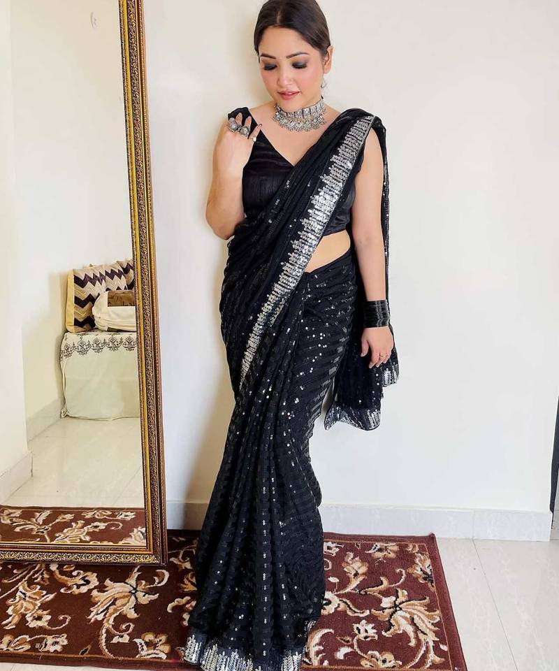 New Georgette Sequence Work Black Saree With Blouse Set