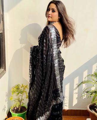 black georgette sequin saree with blouse set 2
