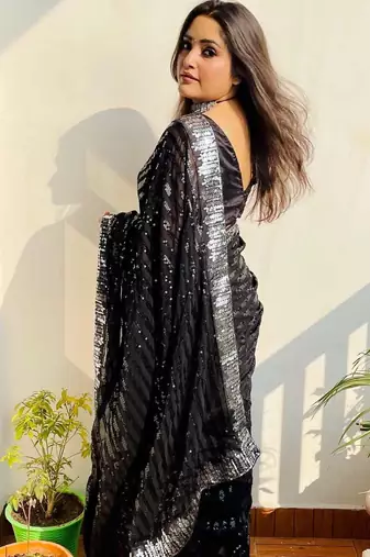 black georgette sequin saree with blouse set