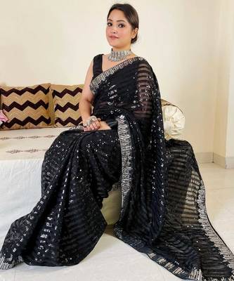 black georgette sequin saree with blouse set 4