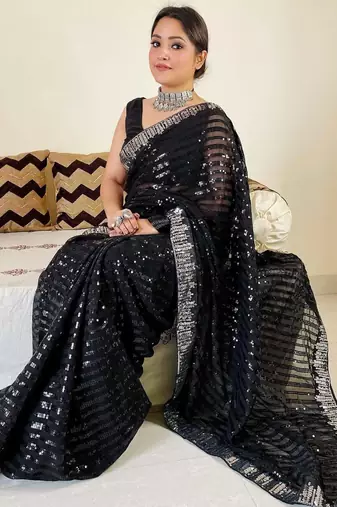 black georgette sequin saree with blouse set