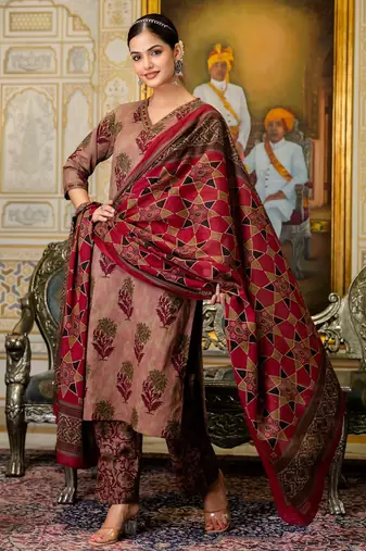 maroon embroidered cotton kurta pant with dupatta