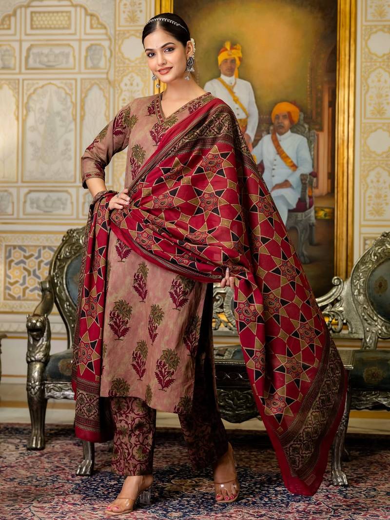 maroon embroidered cotton kurta pant with dupatta