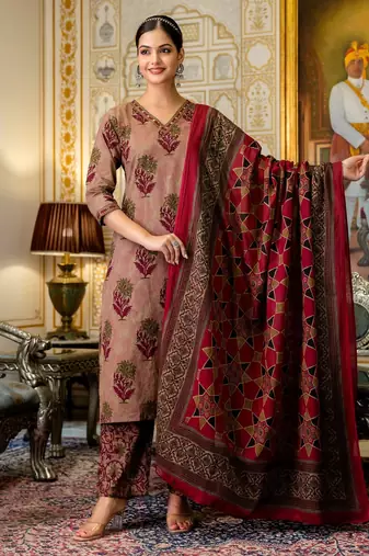 maroon embroidered cotton kurta pant with dupatta