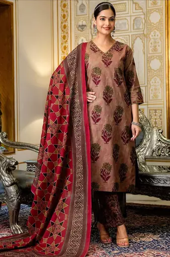 maroon embroidered cotton kurta pant with dupatta