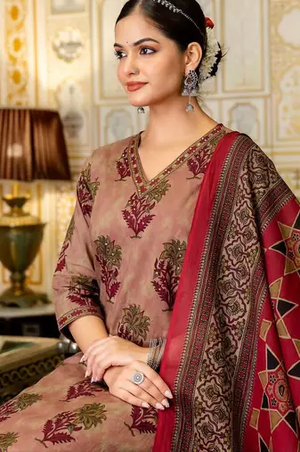 maroon embroidered cotton kurta pant with dupatta