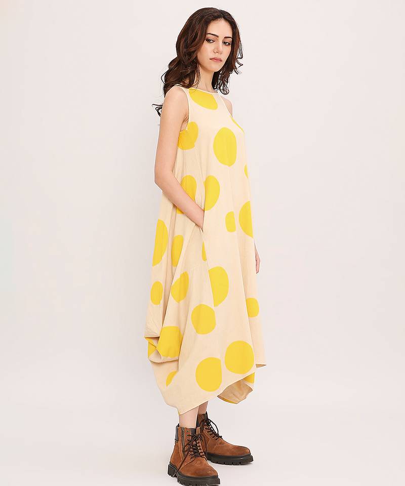 Yellow printed cotton polka dress