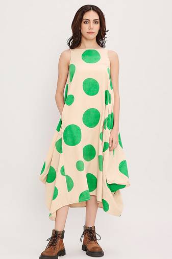 Green printed cotton polka dress