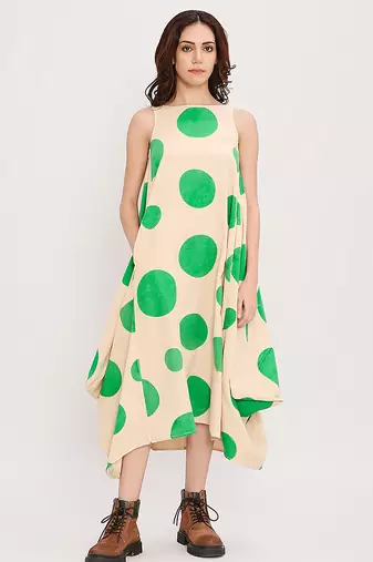 Green printed cotton polka dress