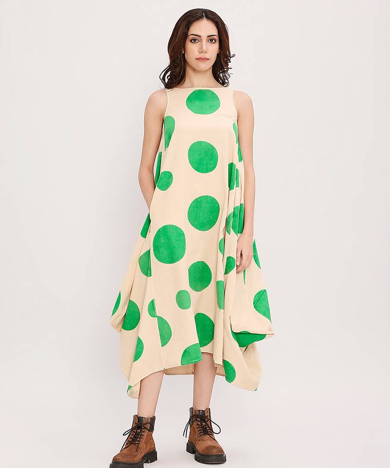 Green printed cotton polka dress
