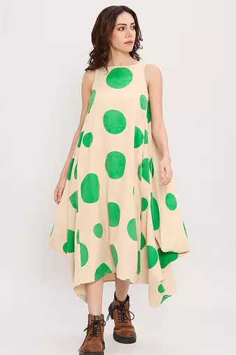 Green printed cotton polka dress