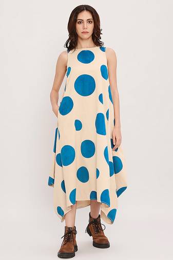 Blue printed cotton polka dress
