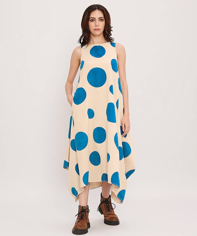 Blue printed cotton polka dress