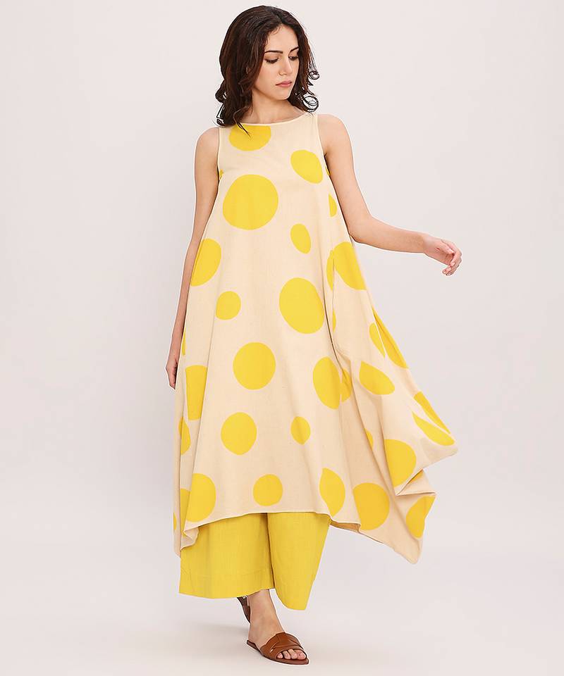 Yellow printed cotton polka Co ord Set