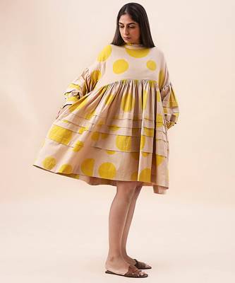 Yellow printed cotton polka short dress 1