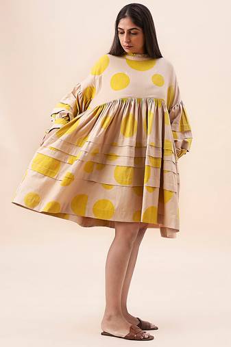 Yellow printed cotton polka short dress
