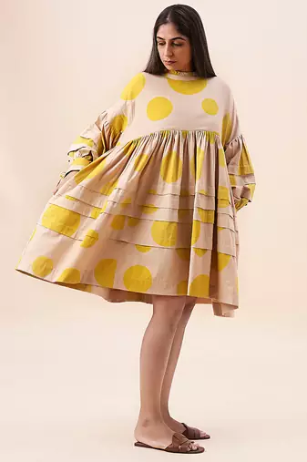 Yellow printed cotton polka short dress