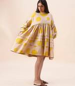 Yellow printed cotton polka short dress