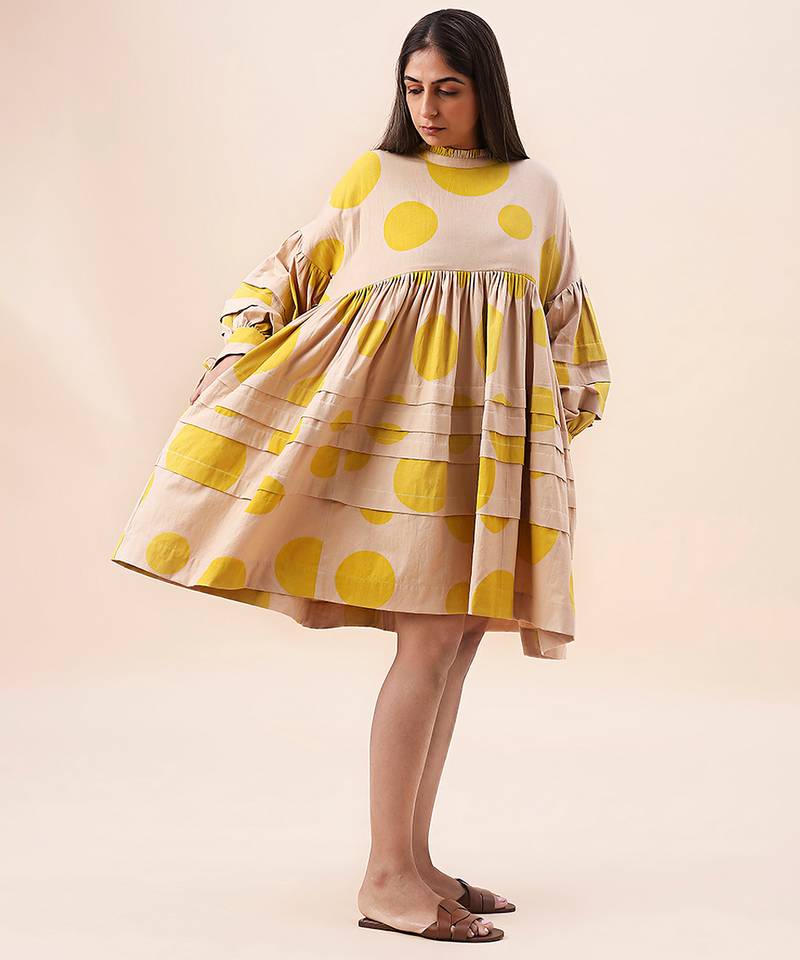 Yellow printed cotton polka short dress