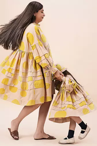 Yellow printed cotton polka short dress