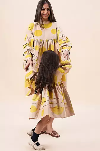 Yellow printed cotton polka short dress