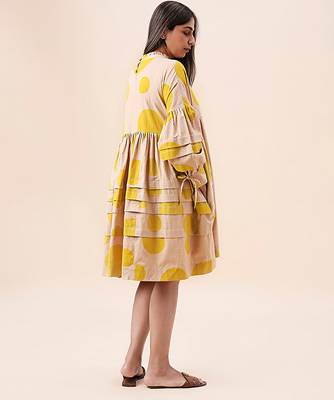 Yellow printed cotton polka short dress 4